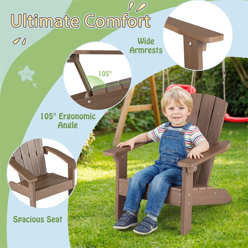 Kids Adirondack Chair, All-Weather HIPS Outdoor Chair with Ergonomic High Backrest & Armrests, Toddler Lawn Patio Seat for Ages 3-8