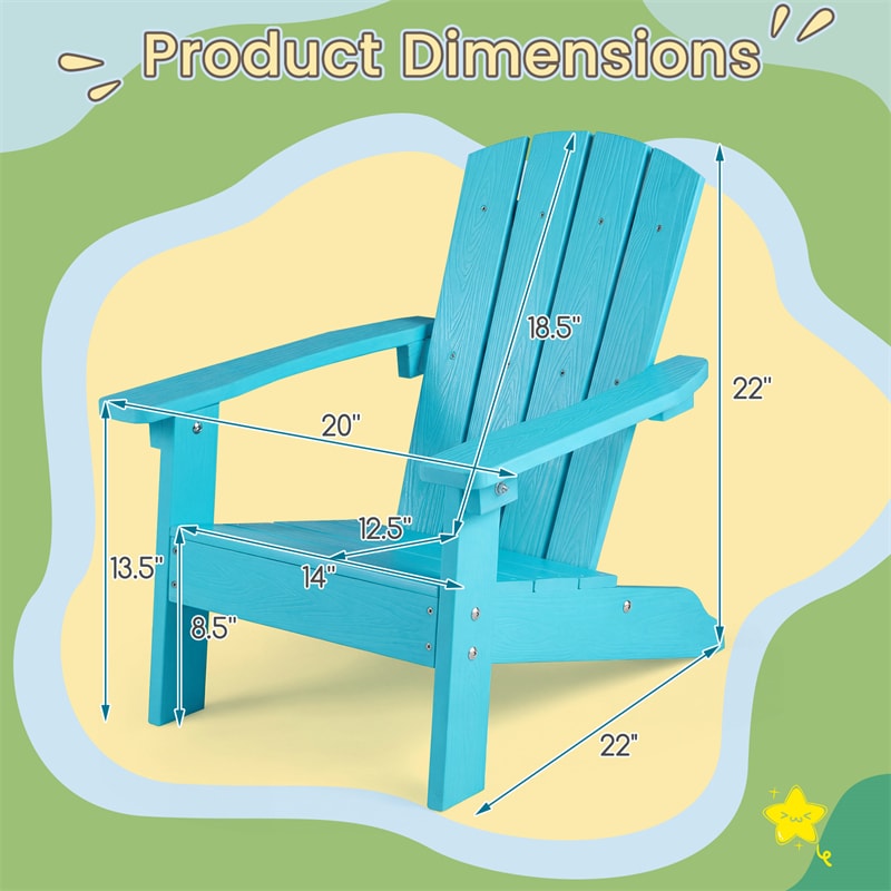 Kids Adirondack Chair, All-Weather HIPS Outdoor Chair with Ergonomic High Backrest & Armrests, Toddler Lawn Patio Seat for Ages 3-8