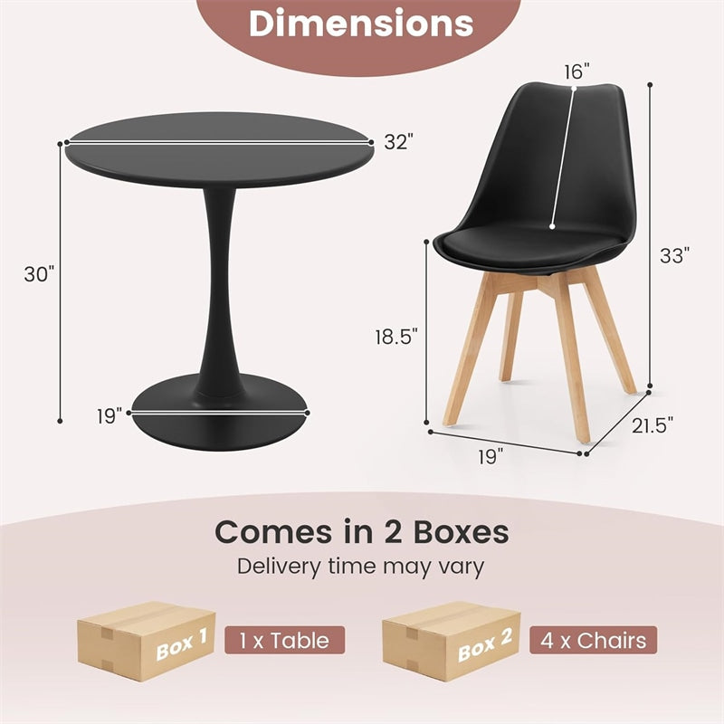 Modern 5-Piece Round Dining Table Set for 4, 32" Kitchen Table with 4 Chairs & Solid Wood Legs, Dinette Set for Small Spaces