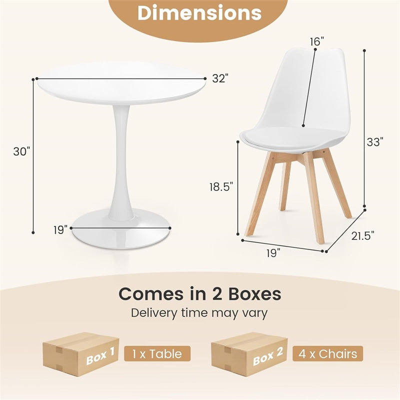 Modern 5-Piece Round Dining Table Set for 4, 32" Kitchen Table with 4 Chairs & Solid Wood Legs, Dinette Set for Small Spaces