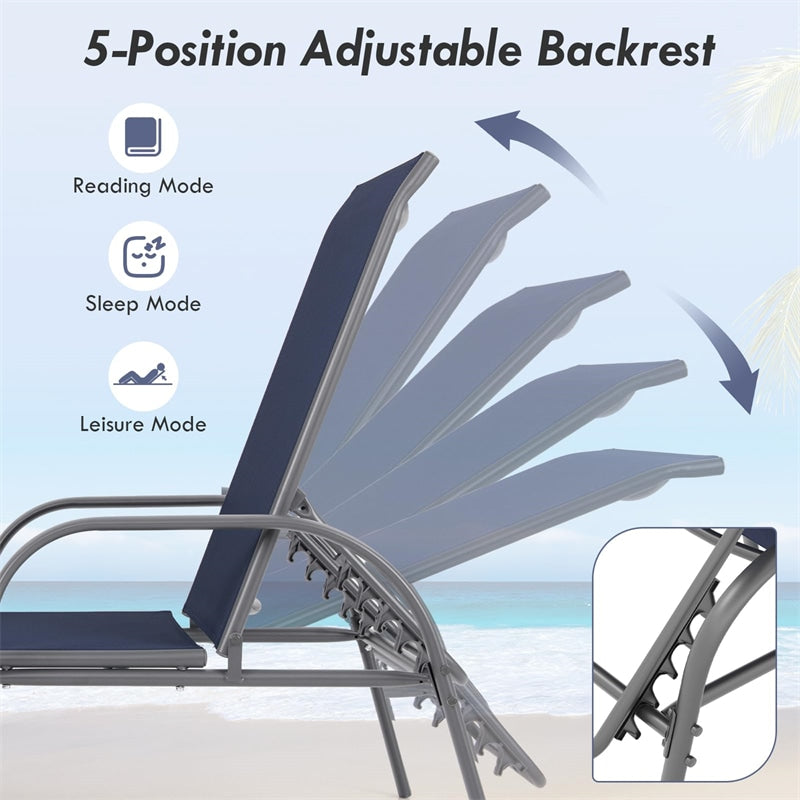 Outdoor Folding Chaise Lounge Chair with 5-Position Adjustable Backrest, Lightweight Fabric Sunbathing Chair Sun Lounger for Poolside Patio