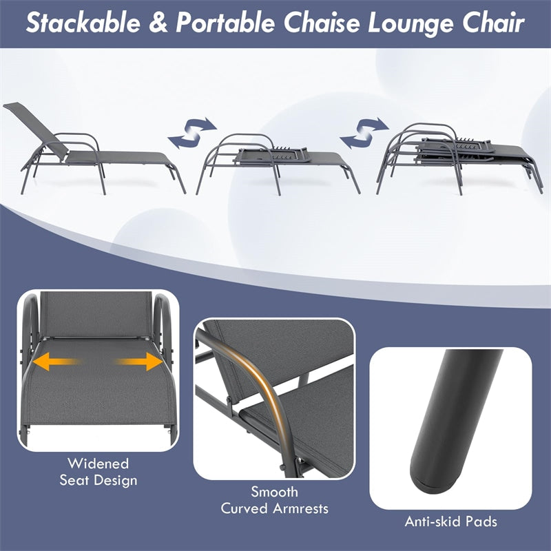 Outdoor Folding Chaise Lounge Chair with 5-Position Adjustable Backrest, Lightweight Fabric Sunbathing Chair Sun Lounger for Poolside Patio