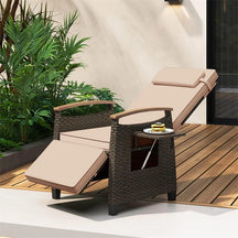 Patio Rattan Wicker Recliner Chair Push Back Reclining Lounge Chair w/Adjustable Backrest & Footrest, Flip Side Table, Cushion