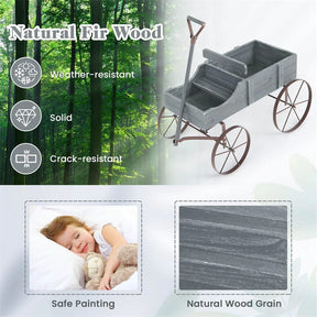 Rustic Wooden Wagon Planter, Decorative Garden Flower Cart with Metal Wheels & Adjustable Handle, Large Raised Bed Plant Stand for Patio Yard