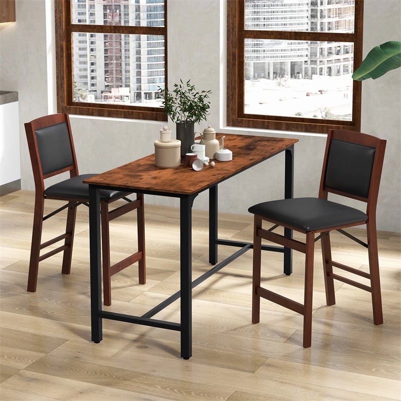 Set of 2 Folding Counter Height Bar Stools, 24.5" Kitchen Island Bar Chairs w/ Padded Backrest & Seat, Rubber Wood Legs, No Assembly Needed