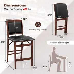 Set of 2 Folding Counter Height Bar Stools, 24.5" Kitchen Island Bar Chairs w/ Padded Backrest & Seat, Rubber Wood Legs, No Assembly Needed