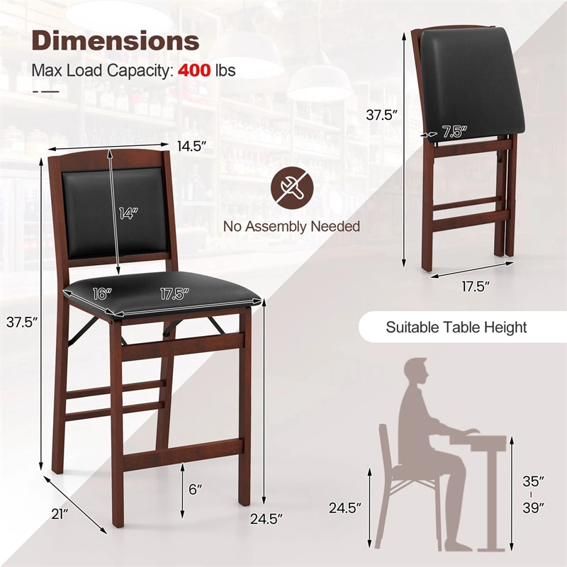Set of 2 Folding Counter Height Bar Stools, 24.5" Kitchen Island Bar Chairs w/ Padded Backrest & Seat, Rubber Wood Legs, No Assembly Needed