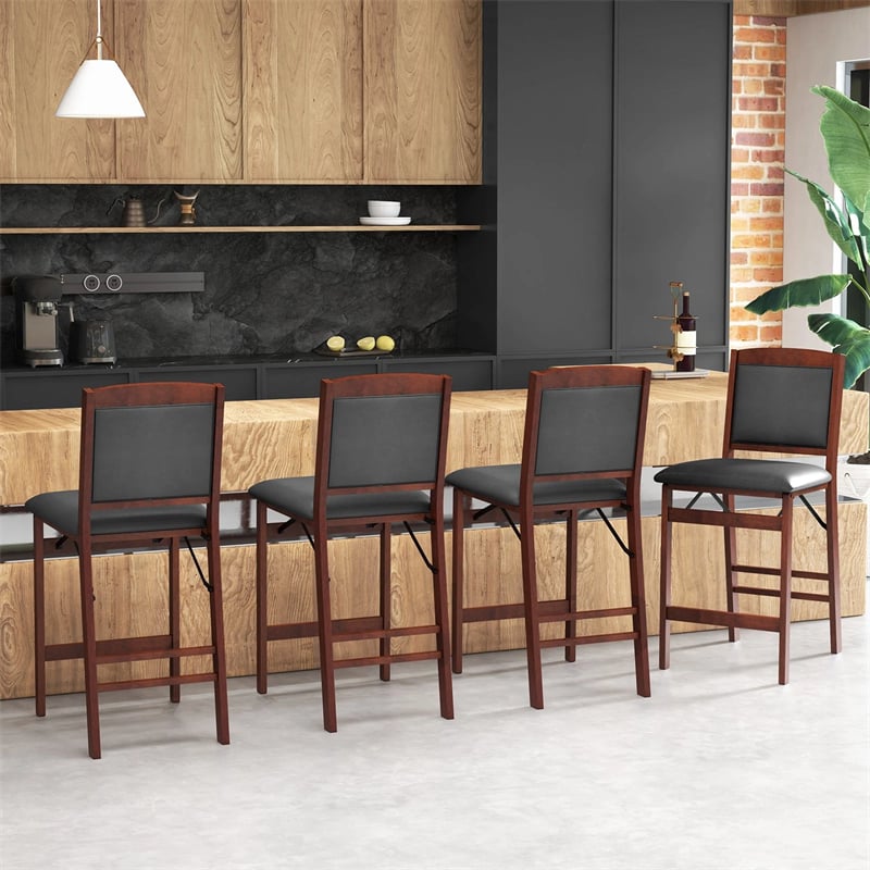 Set of 2 Folding Counter Height Bar Stools, 24.5" Kitchen Island Bar Chairs w/ Padded Backrest & Seat, Rubber Wood Legs, No Assembly Needed