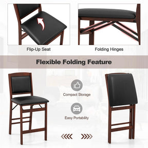 Set of 2 Folding Counter Height Bar Stools, 24.5" Kitchen Island Bar Chairs w/ Padded Backrest & Seat, Rubber Wood Legs, No Assembly Needed