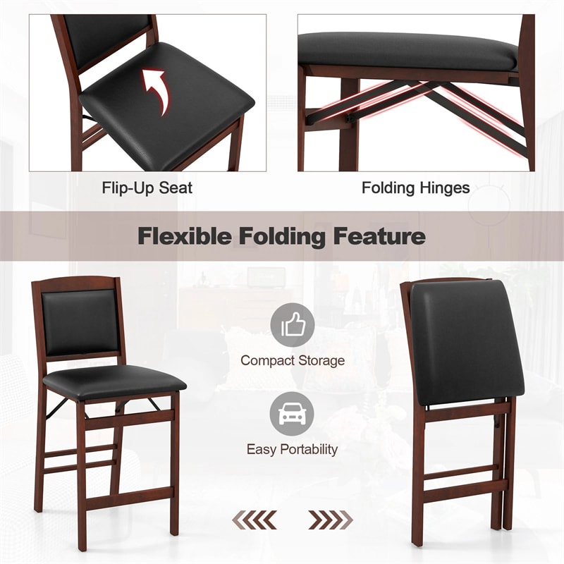 Set of 2 Folding Counter Height Bar Stools, 24.5" Kitchen Island Bar Chairs w/ Padded Backrest & Seat, Rubber Wood Legs, No Assembly Needed