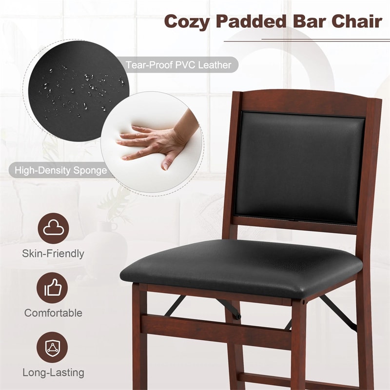 Set of 2 Folding Counter Height Bar Stools, 24.5" Kitchen Island Bar Chairs w/ Padded Backrest & Seat, Rubber Wood Legs, No Assembly Needed