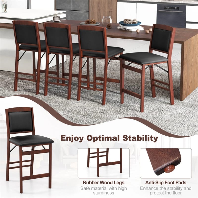 Set of 2 Folding Counter Height Bar Stools, 24.5" Kitchen Island Bar Chairs w/ Padded Backrest & Seat, Rubber Wood Legs, No Assembly Needed