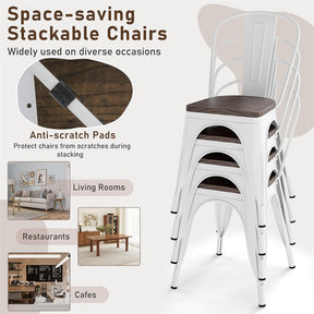 Set of 4 Tolix Style Metal Dining Chairs, 18" Stackable Bistro Cafe Side Chairs with Wood Seat & High Backrest for Home Kitchen Bar Use