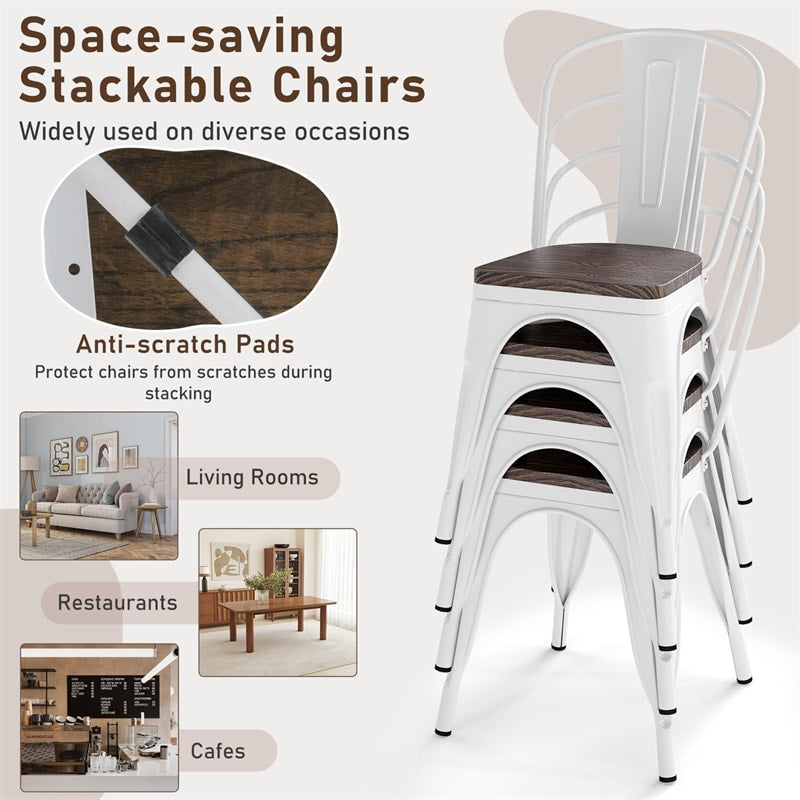 Set of 4 Tolix Style Metal Dining Chairs, 18" Stackable Bistro Cafe Side Chairs with Wood Seat & High Backrest for Home Kitchen Bar Use