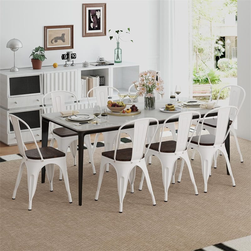 Set of 4 Tolix Style Metal Dining Chairs, 18" Stackable Bistro Cafe Side Chairs with Wood Seat & High Backrest for Home Kitchen Bar Use