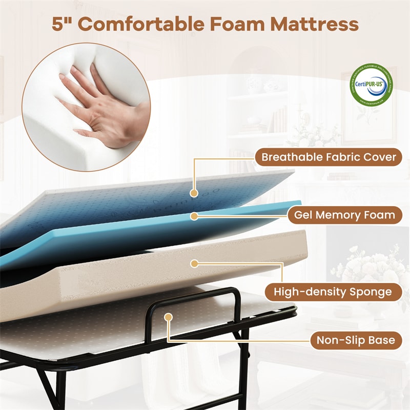 Twin Size Rollaway Guest Bed, 75"x38" Portable Folding Bed with Memory Foam Mattress & Heavy-Duty Metal Frame for Apartment, Small Spaces