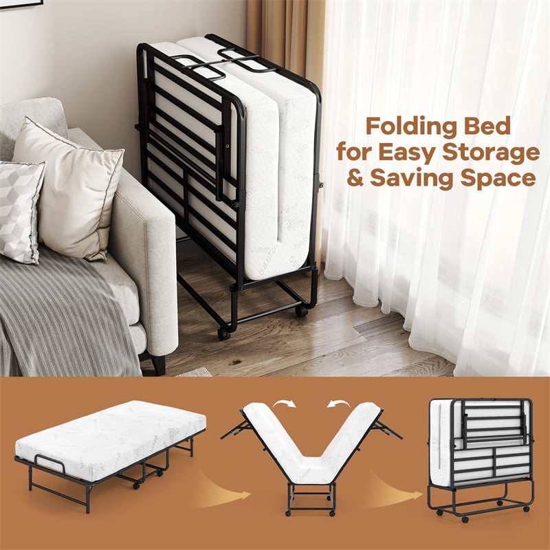 Twin Size Rollaway Guest Bed, 75"x38" Portable Folding Bed with Memory Foam Mattress & Heavy-Duty Metal Frame for Apartment, Small Spaces