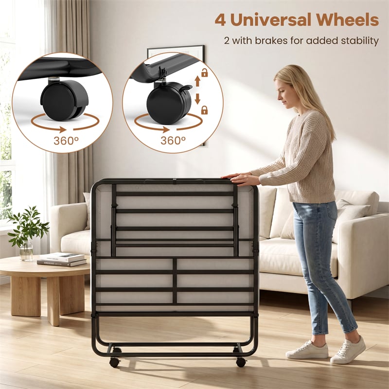 Twin Size Rollaway Guest Bed, 75"x38" Portable Folding Bed with Memory Foam Mattress & Heavy-Duty Metal Frame for Apartment, Small Spaces
