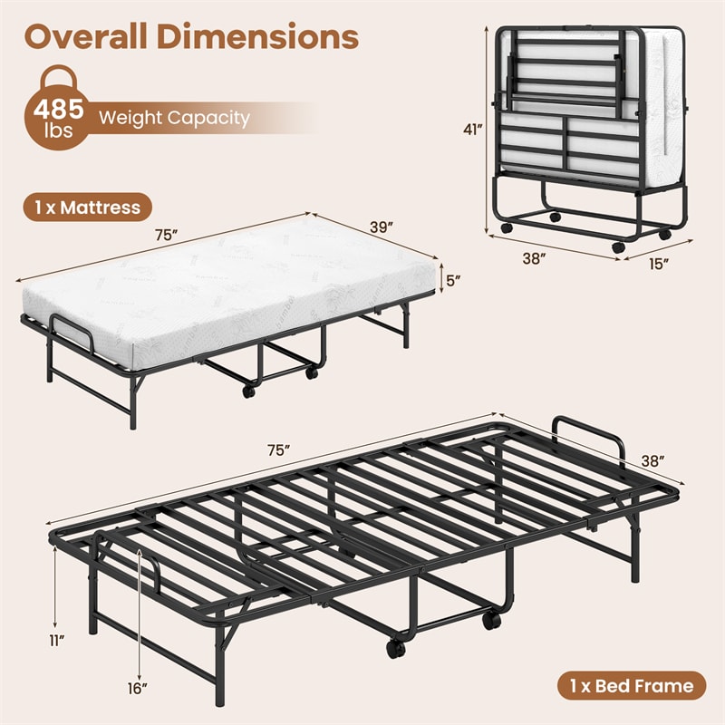 Twin Size Rollaway Guest Bed, 75"x38" Portable Folding Bed with Memory Foam Mattress & Heavy-Duty Metal Frame for Apartment, Small Spaces