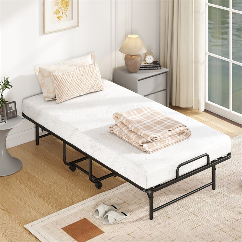 Twin Size Rollaway Guest Bed, 75"x38" Portable Folding Bed with Memory Foam Mattress & Heavy-Duty Metal Frame for Apartment, Small Spaces