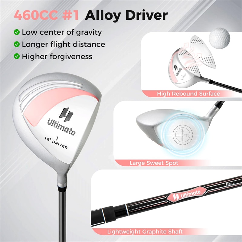 Women's Complete Golf Club Set, 14 Piece Right Hand Golf Club Package Set with 460cc Driver, Fairway Wood, Hybrid, Irons, Putter & Stand Bag