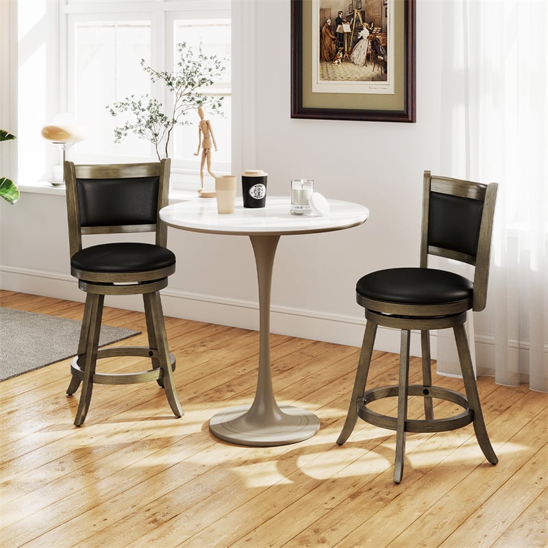24" Wood Swivel Bar Stools Set of 2 with Back & PVC Leather Cushion Seat, Upholstered Counter Height Bar Chairs for Kitchen Dining Room
