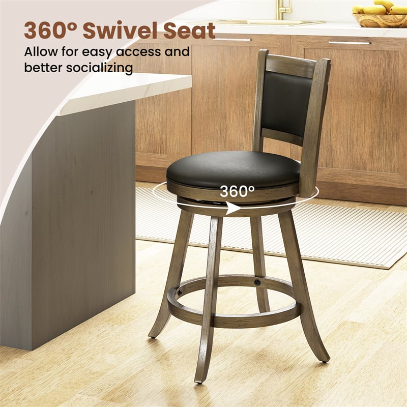 24" Wood Swivel Bar Stools Set of 2 with Back & PVC Leather Cushion Seat, Upholstered Counter Height Bar Chairs for Kitchen Dining Room