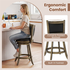 24" Wood Swivel Bar Stools Set of 2 with Back & PVC Leather Cushion Seat, Upholstered Counter Height Bar Chairs for Kitchen Dining Room