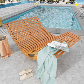Outdoor Double Rocking Chaise Lounge Chair for 2, Acacia Wood Patio Sun Lounger with Slatted High Backrest & Seat, 440LBS Capacity for Poolside