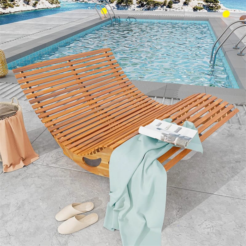 Outdoor Double Rocking Chaise Lounge Chair for 2, Acacia Wood Patio Sun Lounger with Slatted High Backrest & Seat, 440LBS Capacity for Poolside