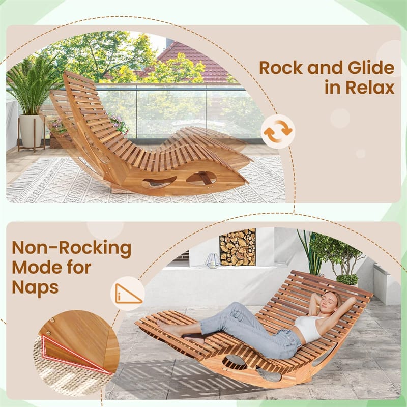 Outdoor Double Rocking Chaise Lounge Chair for 2, Acacia Wood Patio Sun Lounger with Slatted High Backrest & Seat, 440LBS Capacity for Poolside