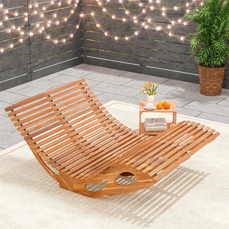Outdoor Double Rocking Chaise Lounge Chair for 2, Acacia Wood Patio Sun Lounger with Slatted High Backrest & Seat, 440LBS Capacity for Poolside