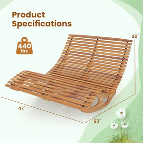 Outdoor Double Rocking Chaise Lounge Chair for 2, Acacia Wood Patio Sun Lounger with Slatted High Backrest & Seat, 440LBS Capacity for Poolside