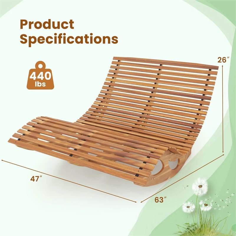 Outdoor Double Rocking Chaise Lounge Chair for 2, Acacia Wood Patio Sun Lounger with Slatted High Backrest & Seat, 440LBS Capacity for Poolside