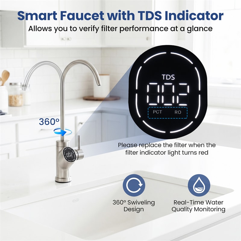 AW-RB05 Alkaline PH+ Reverse Osmosis Water Filter, 8-Stage 800 GPD Tankless Under Sink RO System, Smart LED Faucet, 2:1 Pure to Drain Ratio