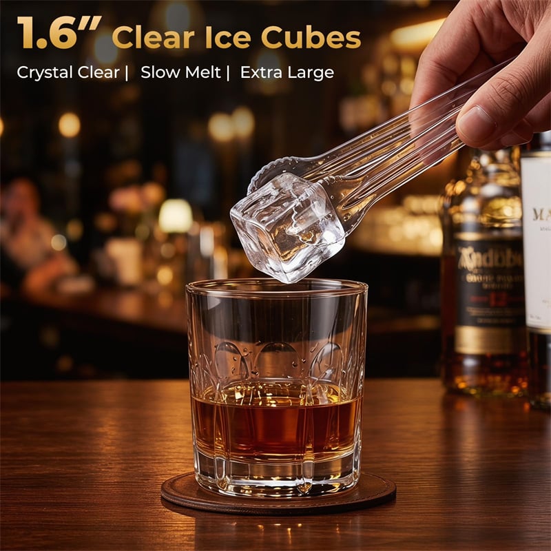 Clear Ice Cube Maker Countertop, 1.6" Large Square Ice Machine with Slow-Melting & Self-Cleaning, Dual Mode, 24H Timer for Whiskey, Cocktails, Bourbon