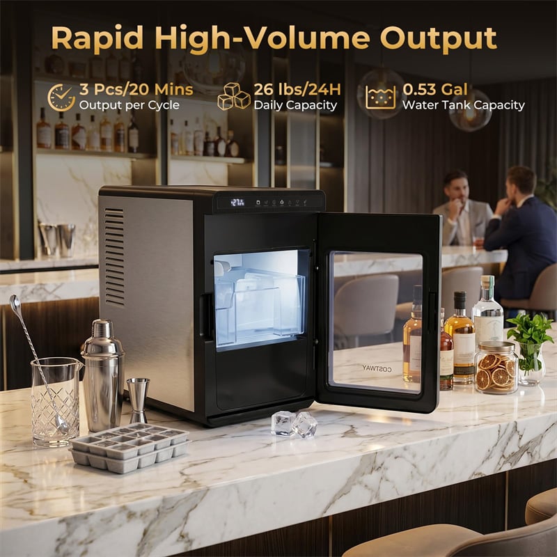 Clear Ice Cube Maker Countertop, 1.6" Large Square Ice Machine with Slow-Melting & Self-Cleaning, Dual Mode, 24H Timer for Whiskey, Cocktails, Bourbon