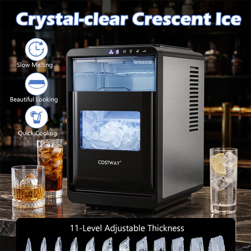 Crescent Ice Maker Countertop, 26 Lbs/24H Ice Machine w/ 11 Ice Thickness Levels, 16 Cubes in 15 Mins, Self-Cleaning & Timer for Home Office Party Bar
