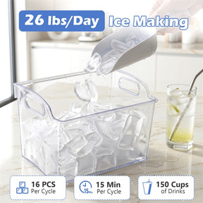 Crescent Ice Maker Countertop, 26 Lbs/24H Ice Machine w/ 11 Ice Thickness Levels, 16 Cubes in 15 Mins, Self-Cleaning & Timer for Home Office Party Bar