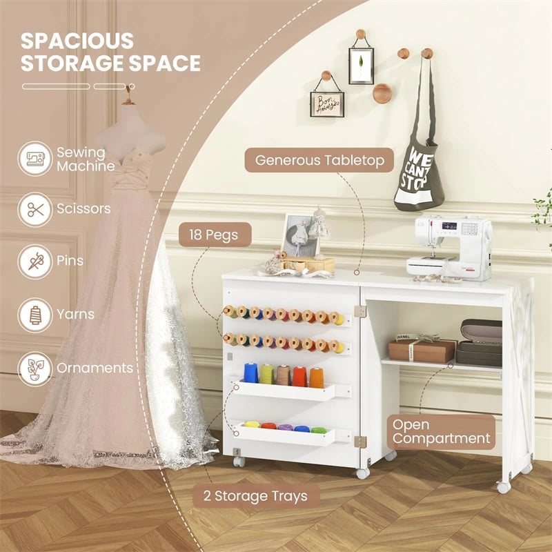 Folding Sewing Table, Farmhouse Sewing Machine Cabinet w/ Barn Door, 18 Pegs & 2 Trays, Rolling Craft Station Side Desk w/ Lockable Wheels