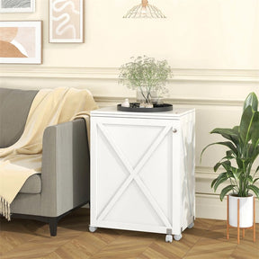 Folding Sewing Table, Farmhouse Sewing Machine Cabinet w/ Barn Door, 18 Pegs & 2 Trays, Rolling Craft Station Side Desk w/ Lockable Wheels