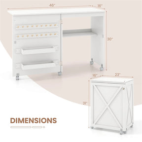 Folding Sewing Table, Farmhouse Sewing Machine Cabinet w/ Barn Door, 18 Pegs & 2 Trays, Rolling Craft Station Side Desk w/ Lockable Wheels