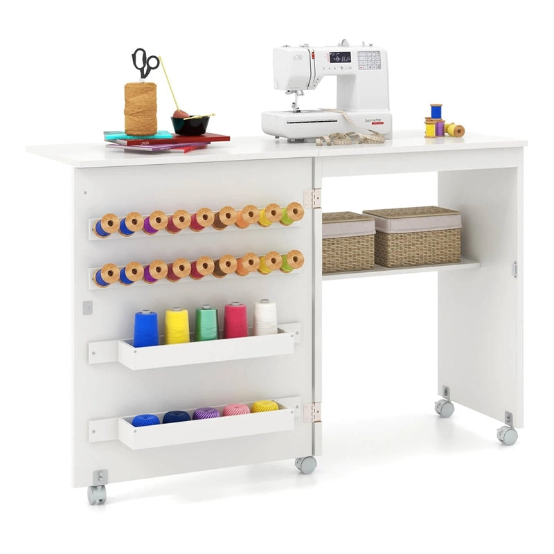 Folding Sewing Table, Farmhouse Sewing Machine Cabinet w/ Barn Door, 18 Pegs & 2 Trays, Rolling Craft Station Side Desk w/ Lockable Wheels