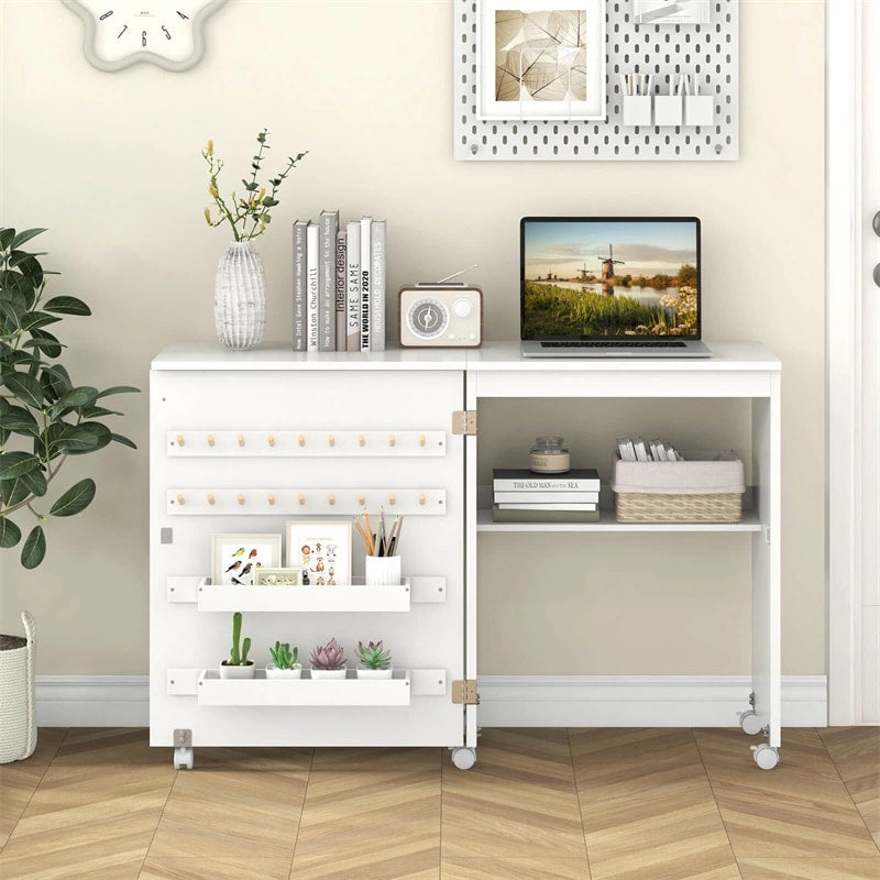 Folding Sewing Table, Farmhouse Sewing Machine Cabinet w/ Barn Door, 18 Pegs & 2 Trays, Rolling Craft Station Side Desk w/ Lockable Wheels