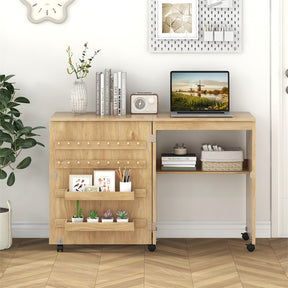 Folding Sewing Table, Farmhouse Sewing Machine Cabinet w/ Barn Door, 18 Pegs & 2 Trays, Rolling Craft Station Side Desk w/ Lockable Wheels