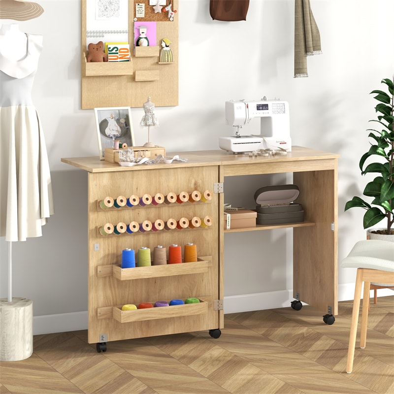 Folding Sewing Table, Farmhouse Sewing Machine Cabinet w/ Barn Door, 18 Pegs & 2 Trays, Rolling Craft Station Side Desk w/ Lockable Wheels