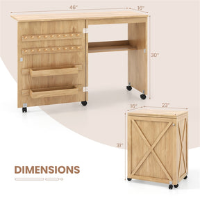 Folding Sewing Table, Farmhouse Sewing Machine Cabinet w/ Barn Door, 18 Pegs & 2 Trays, Rolling Craft Station Side Desk w/ Lockable Wheels