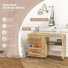 Folding Sewing Table, Farmhouse Sewing Machine Cabinet w/ Barn Door, 18 Pegs & 2 Trays, Rolling Craft Station Side Desk w/ Lockable Wheels