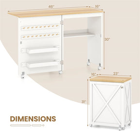 Folding Sewing Table, Farmhouse Sewing Machine Cabinet w/ Barn Door, 18 Pegs & 2 Trays, Rolling Craft Station Side Desk w/ Lockable Wheels