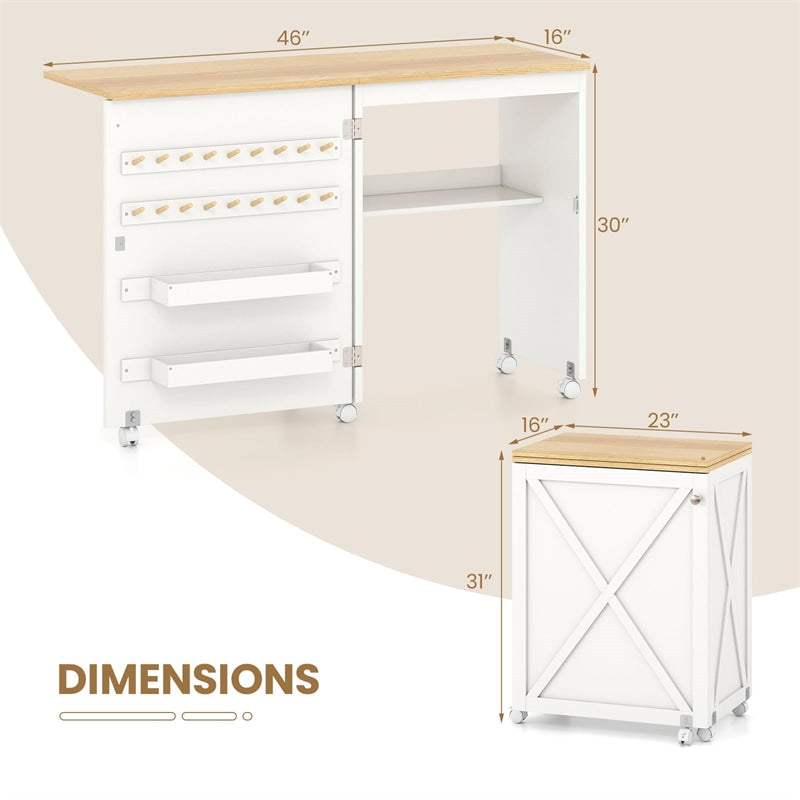 Folding Sewing Table, Farmhouse Sewing Machine Cabinet w/ Barn Door, 18 Pegs & 2 Trays, Rolling Craft Station Side Desk w/ Lockable Wheels